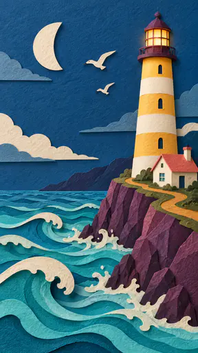 A banded yellow and cream cut-paper lighthouse on a plum cliff, a coral-roofed cottage and ochre path, layered turquoise waves, deep blue sky with a crescent moon and two gulls.