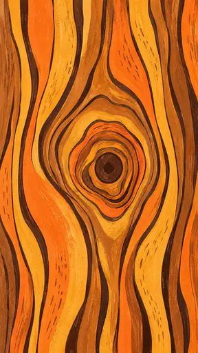 A tall flat pattern of wood grain as layered cut paper and gouache shapes in warm orange, honey and brown with concentric growth rings around one knot and chunky dark outlines.