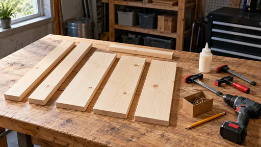 Six cut pine pieces, two long sides, three shelf boards and a small back strip, lie in a tidy row on a wooden workbench beside a small bottle of wood glue, two metal bar clamps, a box of screws, a pencil and a cordless drill in soft daylight.