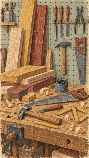 A neat pile of cut planks and small offcuts lies on a bench beside a hand saw, a hammer, a chisel, a pencil, a folding rule and a tin of nails in a worn print.