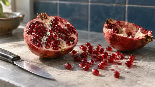 A halved pomegranate cut side up, scattered ruby seeds, a split rind and a dark-handled paring knife on a grey stone counter, blue tile wall behind, window light.