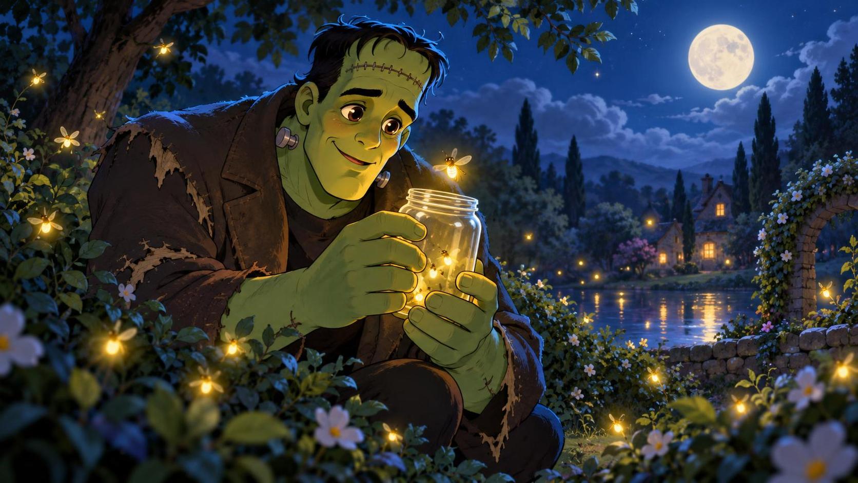 A cute Frankenstein style monster with a green face and bolts forages for glowing lightning bugs among moonlit bushes at night with a jar in his big hands.