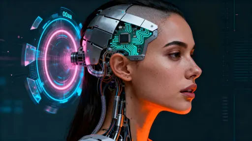 16:9 side-profile digital painting of a human woman fused with advanced cybernetic skull machinery, warm orange and cool blue internal lights.