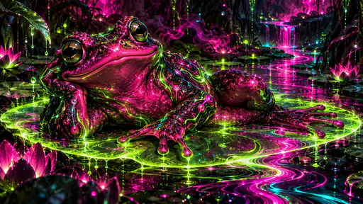 A technicolor cybernetic toad lounges on a glowing lily pad of light beside a neon creek with circuitry patterns glowing across its skin.