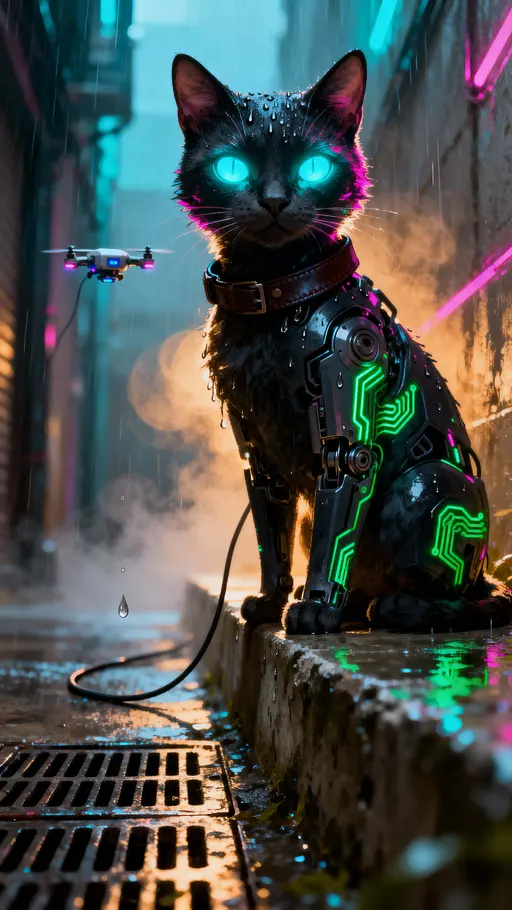 A vertical cyberpunk portrait of a sleek urban cat with luminous bioluminescent eyes perched on a rain-slick ledge, framed for dramatic 9:16 display with neon reflections and tight crop for mood and detail.