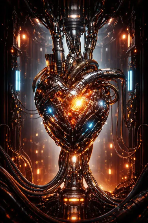 A vertical 2:3 3D render of an intricate mechanical heart in a glass chamber, brass and chrome parts wired with glowing neon cables pulsing in a dark industrial space.