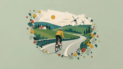 Flat mid-century vector slice of a cyclist riding rolling green hills past two windmills, dissolving into geometric confetti on a pale sage field.