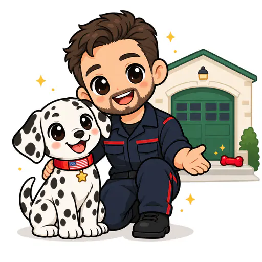 Dalmatian sitting proudly with a flag collar and star tag beside an adult handler. Thirteen stripes and a neat canton honour the crew.