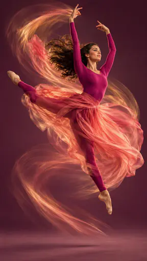An adult dancer in a magenta unitard and sheer coral skirt leaps mid pirouette with silky spiralling motion streaks on a seamless matte warm plum backdrop.