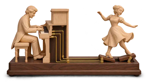 Dancing to someone else's tune: a wooden player presses piano keys whose brass rods tilt the hinged floor plates under a wooden dancer's feet, forcing every step — letting another person determine one's actions.