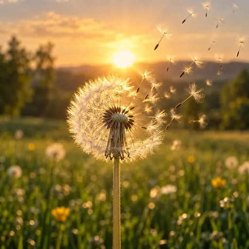 Golden-hour macro of a dandelion seed head caught mid-release, loosened seeds drifting through warm backlit bokeh.