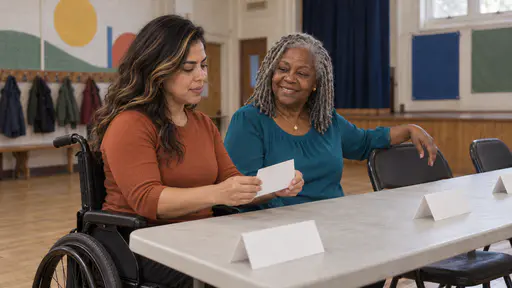 A woman with long dark wavy hair in a plain black manual wheelchair turns a blank folded name card in both hands beside a full-figured woman with silver locs in a teal blouse who rests a hand on an empty chair at a long folding table in warm light.