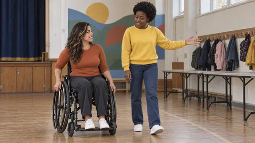 A woman with long dark wavy hair in a plain black manual wheelchair and a young woman with a short natural afro in a yellow sweatshirt move side by side across a wooden school hall floor toward coat pegs and a folding table in warm light.