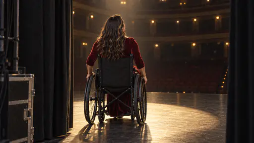 Seen from the wings, a woman in a plain black manual wheelchair and a long dark red velvet gown rolls forward past the edge of a black curtain into a single warm spotlight with her chin lifted toward a pool of golden light on the stage floor and a dark empty auditorium beyond.