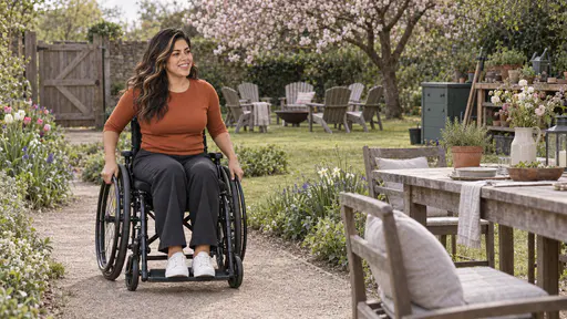 A woman with long dark wavy hair in a plain black manual wheelchair rolls along a wide mown garden path lined with spring flowers toward a long garden table and a circle of chairs under a cherry tree in warm late light.