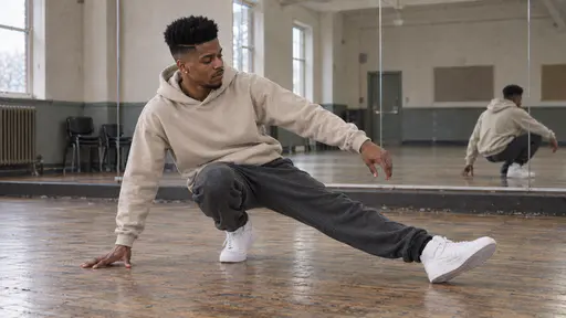 A hip-hop dancer in his mid twenties with a high-top fade practises a low grounded move alone on the worn wooden floor of a plain community hall, a mirrored wall behind him reflecting the empty hall.