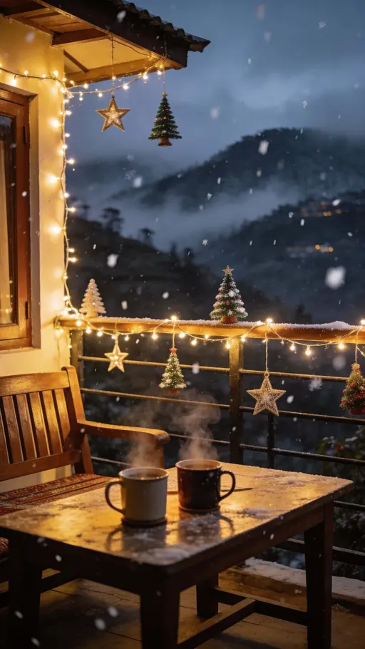 A cozy Darjeeling homestay terrace at night, strung with warm fairy lights and small Christmas decorations, wooden furniture holding hot drinks, misty hills beyond and gentle snowfall.