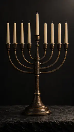 A nine branched Hanukkah menorah of dark patinated bronze with a raised centre arm and plain unlit candles stands on a charcoal slate slab in low key light.