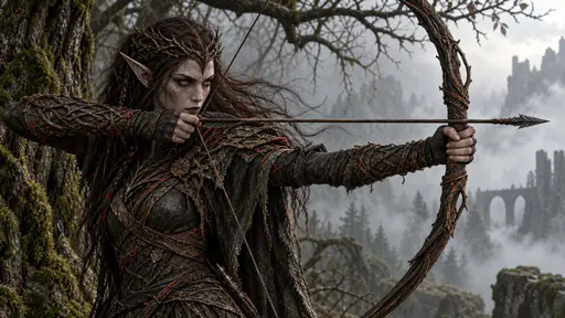 A dark elf ranger draws a root-carved bow beneath bare branches, with ember eyes, thorned armor, windblown hair, and richly weathered woodland textures.