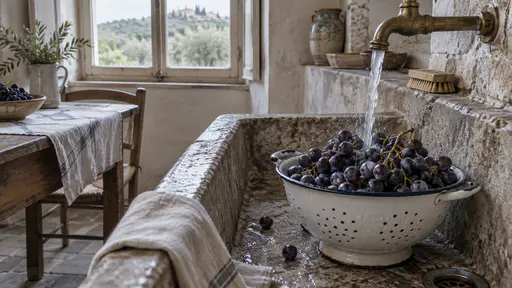 A white enamel colander of dark violet grapes still on their stems stands in an old stone sink with cool water running from a brass tap over them and droplets on the skins in bright window light.