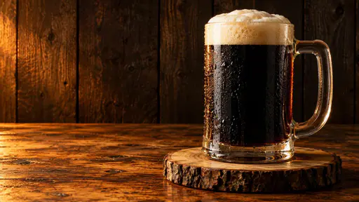 A single dark stout in a clear glass mug with a thick handle and a heaped cream foam head sits on a round wooden slab on an aged wooden counter in front of a dark plank wall in warm amber light.