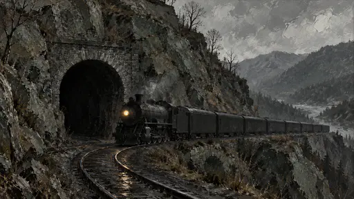 A long dark train rounds a curve toward the arched mouth of a stone tunnel in a steep rocky hillside with a glowing front lamp and wet rails in layered wax paint.