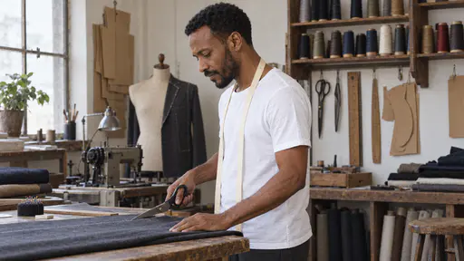 A tall lean man with a neat short black beard in a white shirt with a tape measure round his neck holds a large pair of tailor's shears in one hand and a length of folded cloth in the other at a cutting table with a row of spools on the wall behind him in warm workroom light.