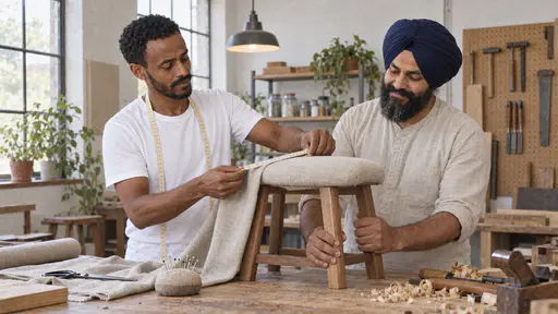 A tall lean man in a white shirt with a tape measure holds a length of cloth against a small wooden stool seat steadied by a broad bearded man in a navy turban with a pleased nod beside wood shavings and a pincushion at a long worktable.