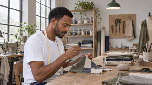 A tall lean man with a neat short black beard in a white shirt with a tape measure round his neck sews a small patchwork piece by hand beside a pile of folded cloth squares and a pincushion at a long worktable in soft side light.