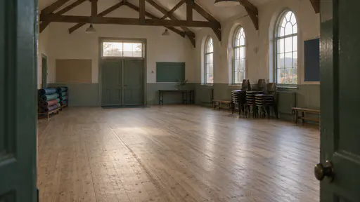 A timber-beamed community hall at dawn has a freshly swept pale floor with a thin broom line, rolled foam mats stacked against the wall, stacked chairs and first light through the transom above green double doors and the east windows.