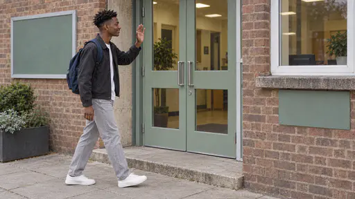 A tall young man with a coily twist-out in a charcoal jacket and navy rucksack approaches a pale green double door along the pavement lifting one hand in a wave toward a caretaker's window beside the door in bright morning light.