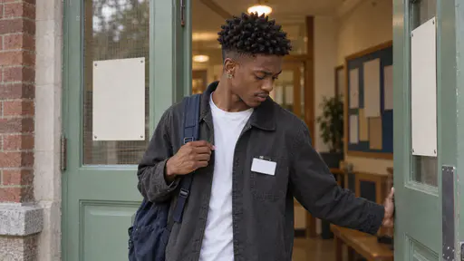 A tall young man with a coily twist-out in a charcoal jacket and navy rucksack holds a pale green double door open with his back and glances at a blank white name badge pinned to his jacket in a lit lobby in soft evening light.