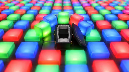 Dead pixel: a dark cube rests inside a miniature open coffin set on a bright grid of glowing colored cubes, with nearby cubes clustered closely around as mourners under soft screen light.