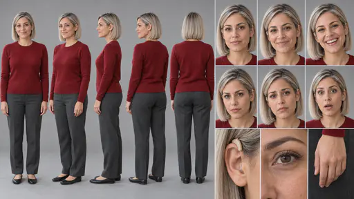 A 16:9 studio character sheet of a deaf woman with a silver-blonde bob and beige hearing aids in a deep red knit top, grey trousers and black flats, shown in five full-body views, six expressions and three close details.