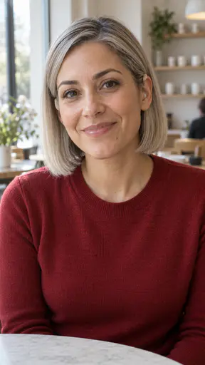 A delighted woman in her mid-thirties with a sleek chin-length silver-blonde bob tucked behind both ears, a small beige hearing aid behind each ear and a beauty mark by her chin, in a deep red knit top at a bright cafe table with white cups on a shelf behind.