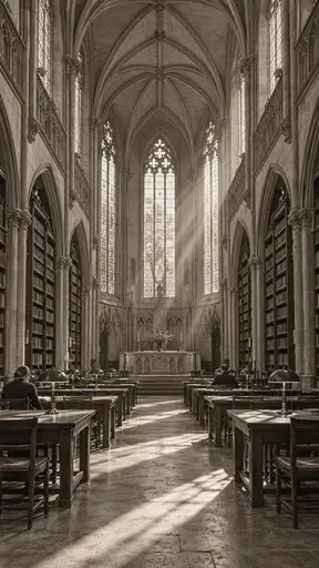 A deconsecrated stone chapel converted into a reading room seen down the nave, with tall pointed windows, long oak tables with green lamps and shelves in the side aisles.