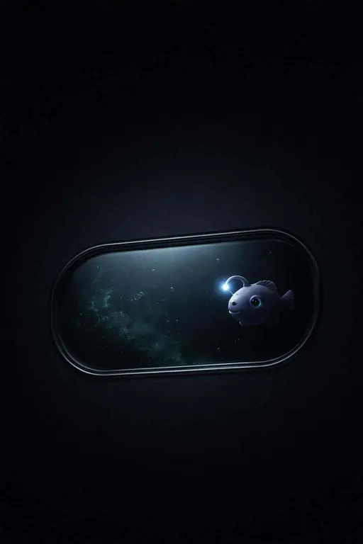 Portrait 2:3 minimal scene with a near-black background and a rounded capsule window low-left revealing faint bioluminescent algae, slow bubbles and a softly glowing 3D deep-sea mascot, subtle glass moisture and soft vignette.