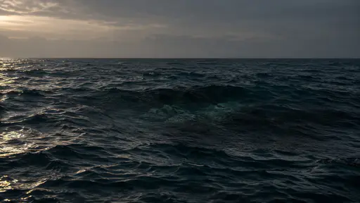Deep dark water moves in slow swells over a barely visible submerged rocky shelf that darkens the water above it in one broad patch.