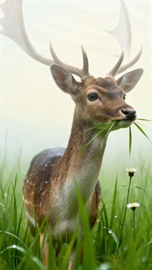 A graceful deer steps through tall green grass in a pale mist, soft verdant light pooling across fur and blades while a minimal, serene portrait fills a 9:16 frame.