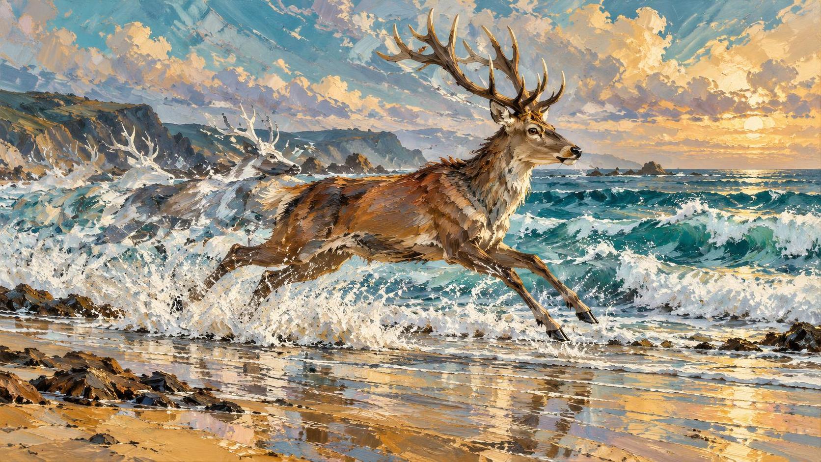 A deer sprints along a seaside shore at low tide with hooves kicking up spray and antlers high while waves roll in beside it and the wet sand mirrors the sky.