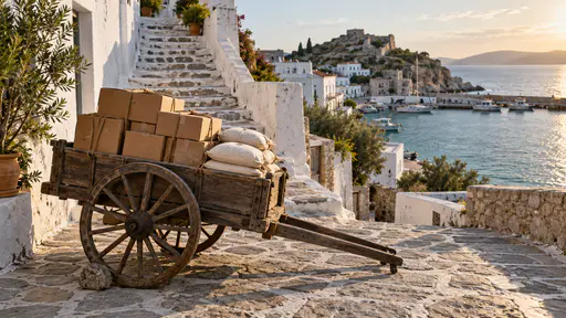 A two-wheeled wooden delivery cart with a long handle is parked at the foot of a steep stepped lane loaded with stacked cardboard boxes tied with string and sacks of flour, its wheels chocked with a stone and whitewashed steps rising behind in late light.