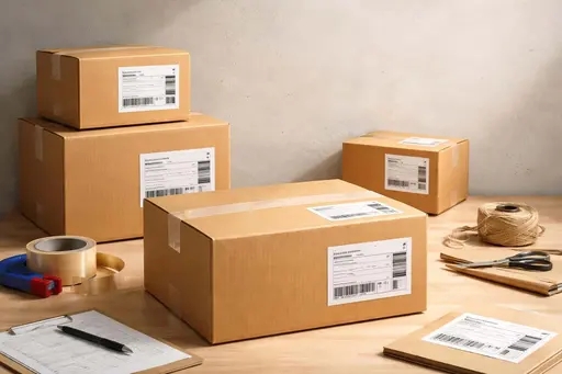 Staged delivery preparation area photographed as a product-style composition for poster-cover use, showing labeled cardboard boxes and packing details in a clean, organized scene.