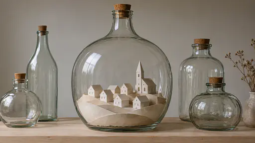 A large clear glass demijohn with a cork stopper on a pale wooden shelf cradles a miniature paper village of six tiny folded houses with pitched roofs and a paper church with a tower on a paper hillside.