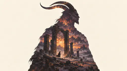 A fictional demon with long curved horns is shown in profile as a silhouette filled with a painting of a ruined stone gate of broken arches and fallen columns under an ember orange sky.
