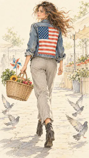 Adult in a denim jacket with a full flag back panel turning in a sunlit street market scene.