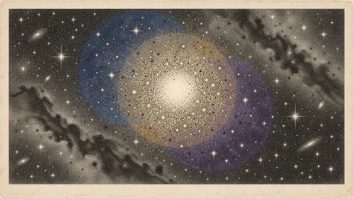 A dense star cluster radiates from a bright core with scattered engraved stars and nebula streaks over overlapping blue, violet and gold translucent discs.