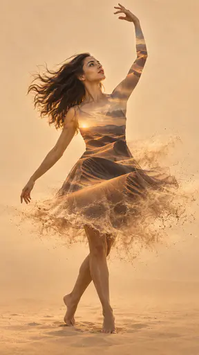 Turning dancer silhouette filled with sunset desert dunes, her dress hem dissolving into wind-blown sand in a high-key double exposure.