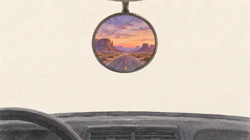 A dusty dashboard edge and a round rearview mirror show a miniature desert dusk with a long straight highway receding between mesas under a violet and apricot sky in loose gouache.
