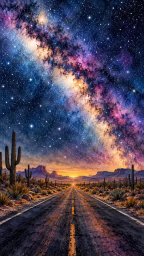 The Milky Way arches across a dark desert sky above a long empty road with dense glowing stars, silhouetted cacti, distant mesas and a faint warm horizon glow.