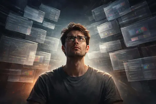 A single designer submerged in a chaotic stack of translucent UI panels, glyphs and code fragments, portrayed as a moody digital painting for a poster-cover, emphasizing tension.